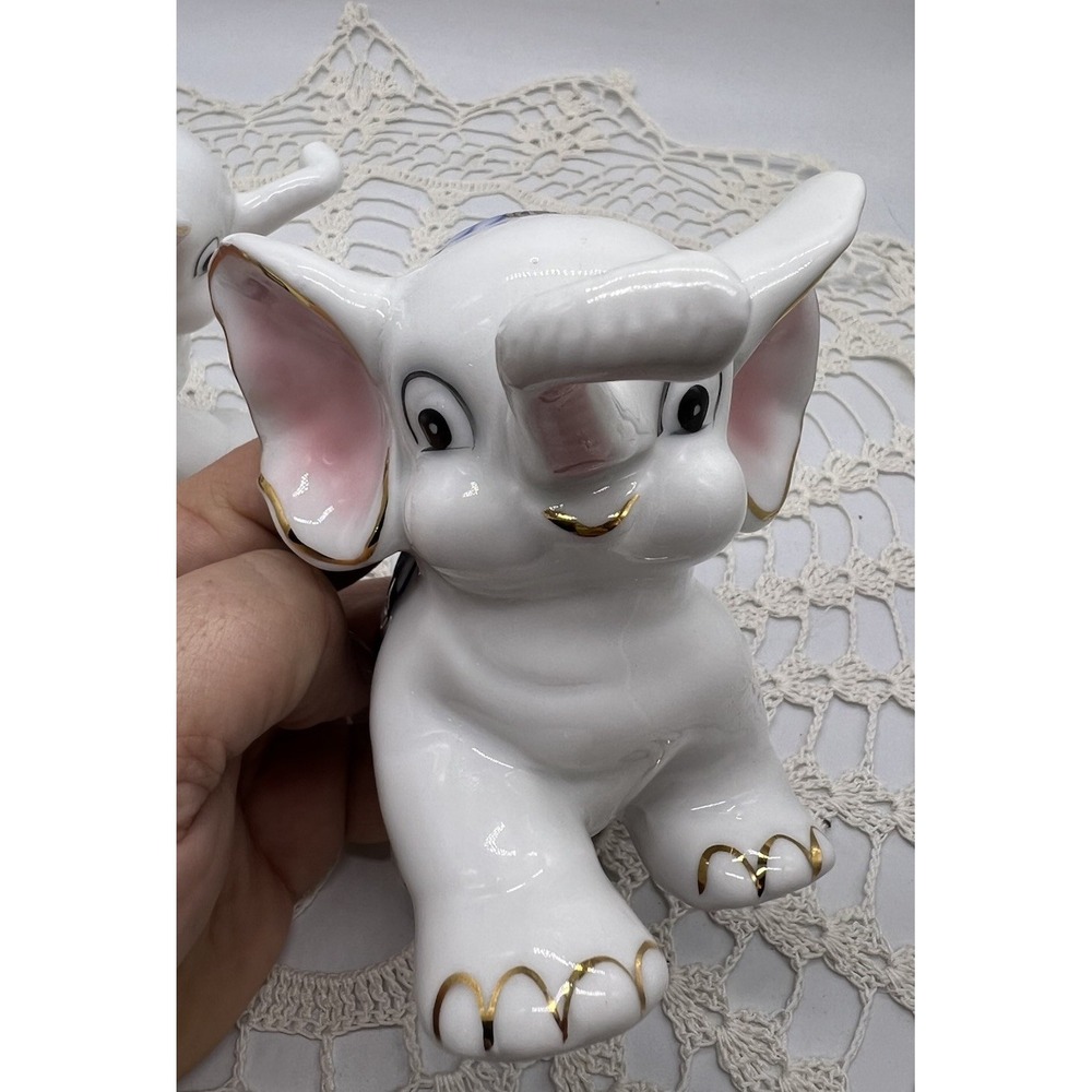 Vintage 1940's Blue White Gold Gzhel Style Porcelain Kissing Elephant Figurines - Picture 11 of 12